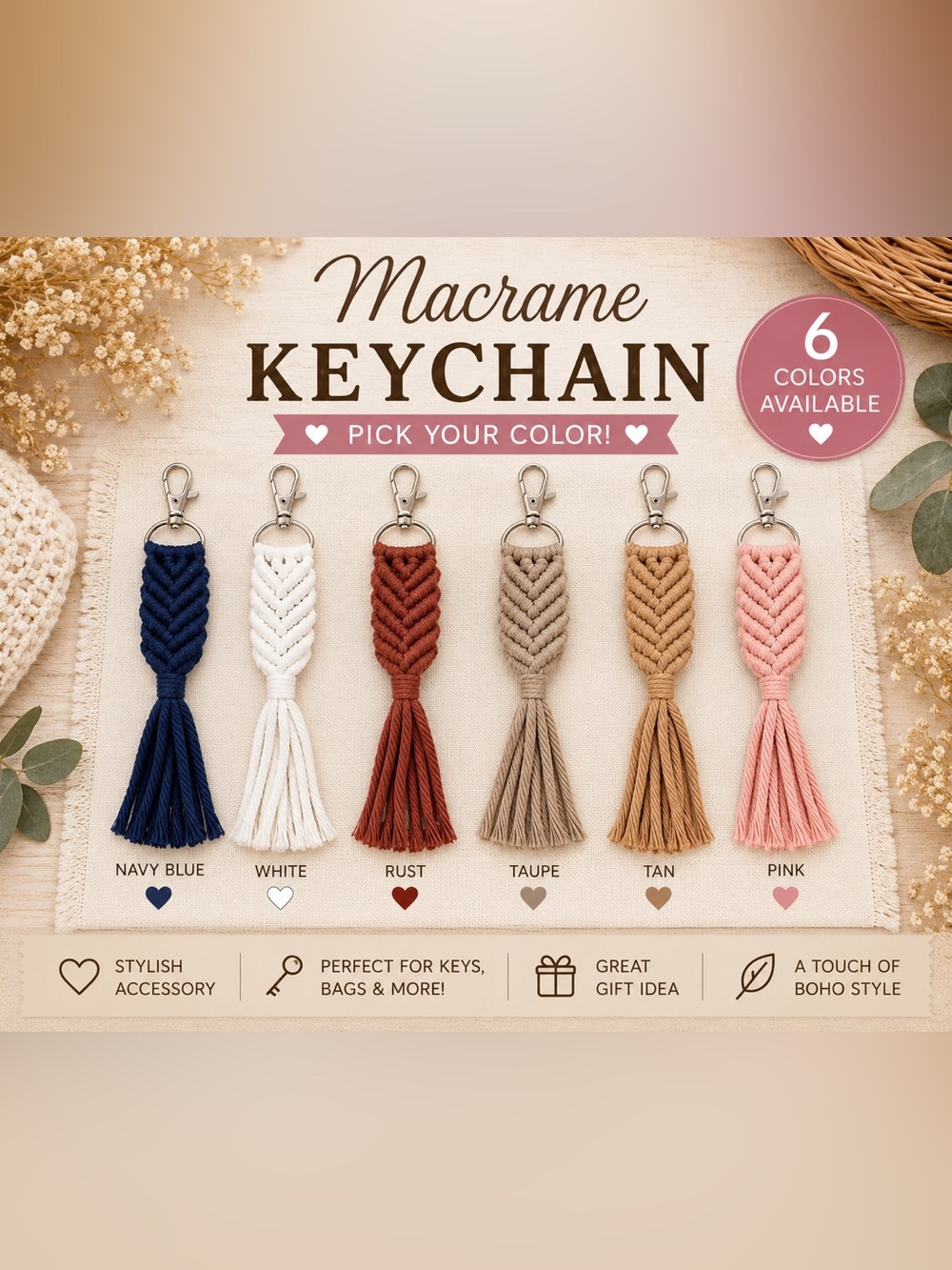 Macrame Tassel Keychain Bag Charm – Pick One Color – New